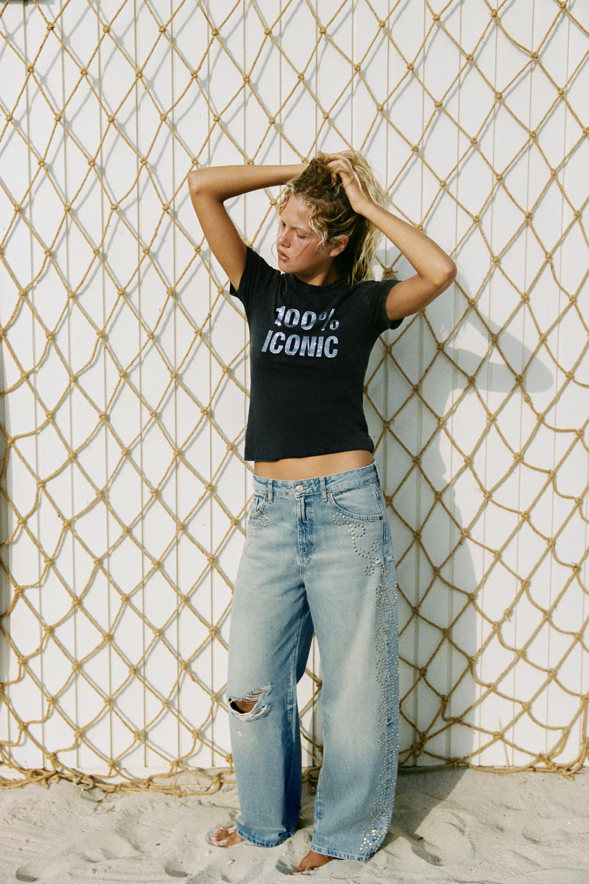 TRF RIPPED STUDDED WIDE LEG JEANS